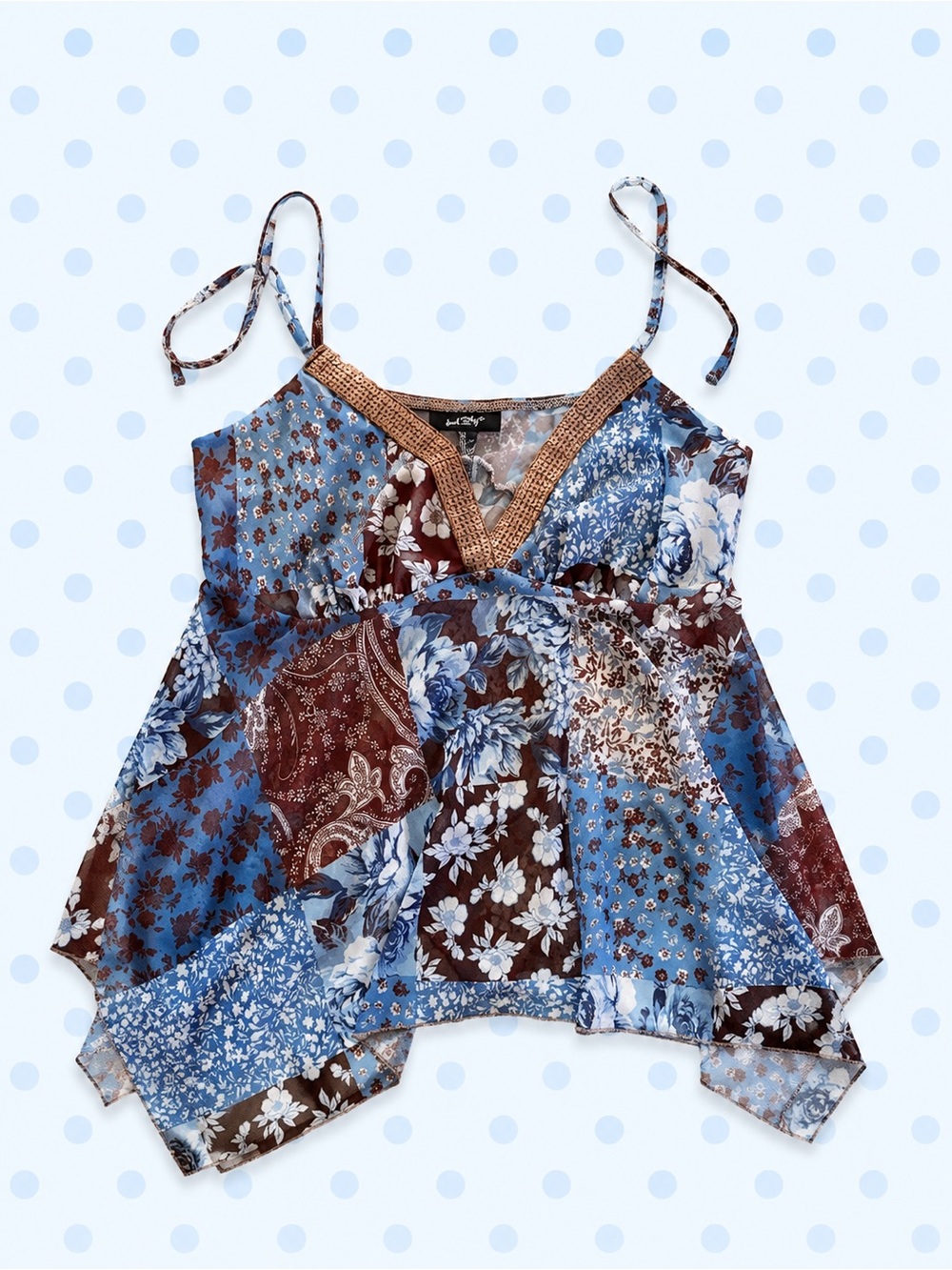 Patchwork Floral Spaghetti-Strap Cami - Blue & Brown